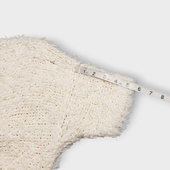 Nation Ltd. Shaggy Fuzzy Short Sleeve V-Neck Teddy Sweater Tee Cream Sz Small - Picture 10 of 12